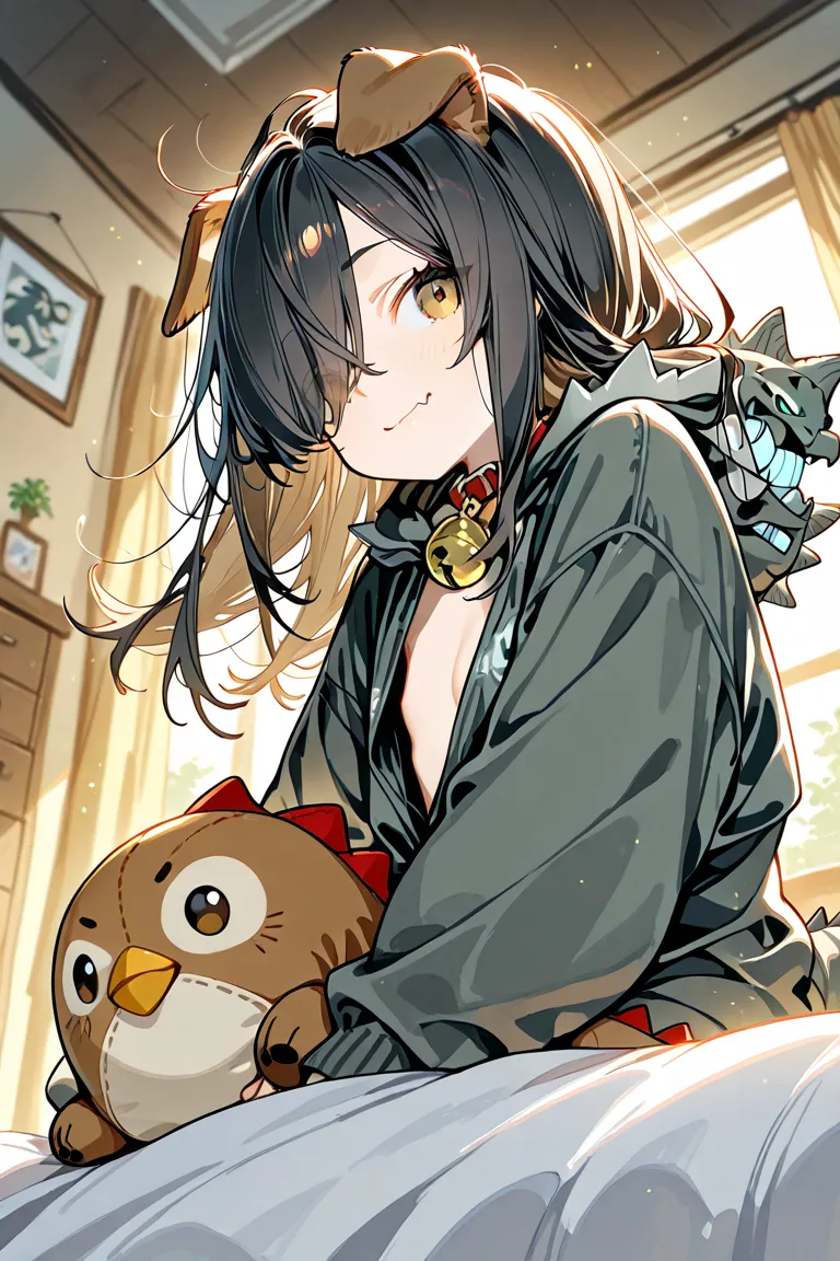 Nsfw,1girl, solo, loli, dog girl, dog ears, cheerful, neck bell, fang, brown eyes, 
black hair, long hair, straight hair, hair over one eye, messy hair, floating hair, 
cleavage, flat chest, happy, with Sparrow, 



Godzilla costume, no bra, 

lying on bed...