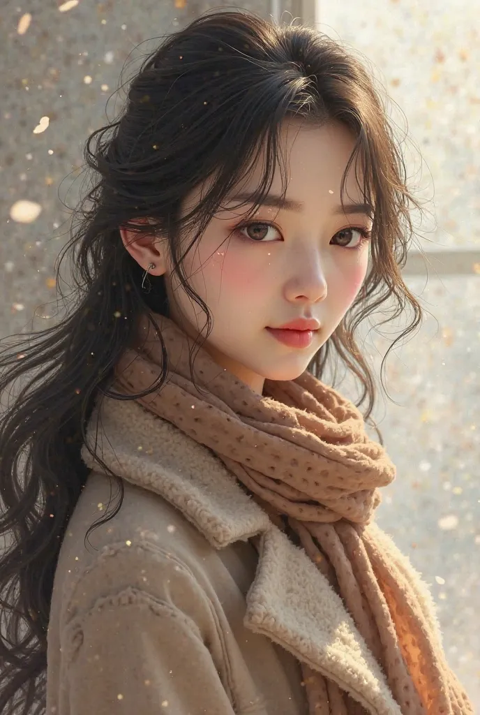 Beautiful Japanese girl with soft smile, long hair wearing coat, scarf Realistic style picture