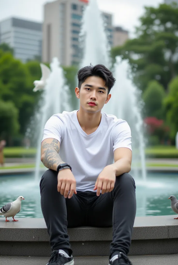 Photography with Leica APO-Summicron-SL 90mm f/2 ASPH. , a very handsome korean man,  wearing white  and black t sihrt    , black jeans, white and black jeans , black and white  Ket shoes, black hair with white highlights. Confident poses, sitting on the g...