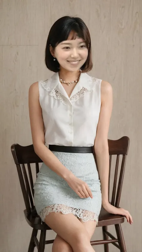 sleeveless white blouse、I'm wearing a miniskirt with lace、 sit on a chair 、