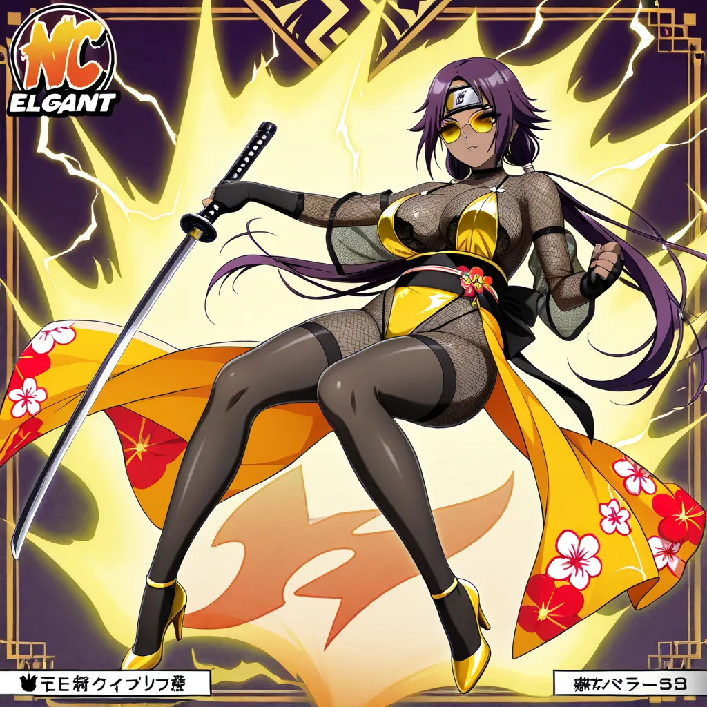 Anime,only(Elegant Kimon two-piece thong bra outfit sexy Hawaiian Shihouin Yoruichi)
(Brown skin color) 
(Eye color Yellow )
(Amazon clothing) (silk added on the clothes arms and legs)
(MakeupColor eyeshadow Yellow eyeliner Black glossy lipstick Yellow) 
(...