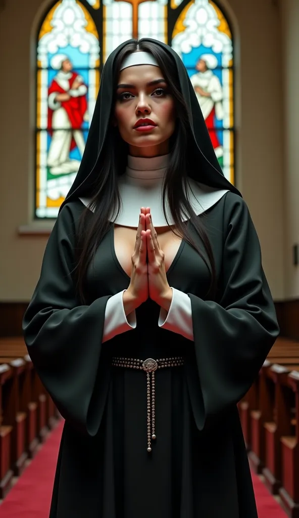 Nun with messy long black hair standing alone in a church, praying with own hands, wearing a habit with a side slit, revealing cleavage and big breasts, rosary necklace, expressive full lips, black eyes, no panties, emphasizing a realistic style, stained g...