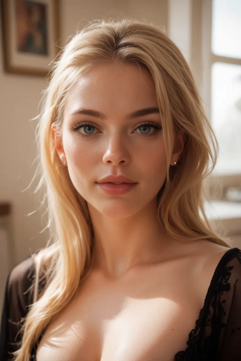 A realistic photo of a blonde aged approximately s, with an innocent expression and a slightly more developed body than most ren her age.