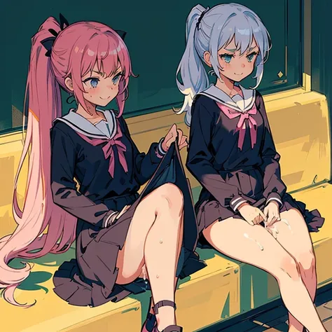 4 girls with pink hair ,  long ponytail hair style , (( small, bushy eyebrows )),  wearing gothic clothing lolita , lolicon ,  walking to school , flirty smile,,  walking to school ,  boring look, bored face,, ( Sitting with her legs open lifting her skirt...