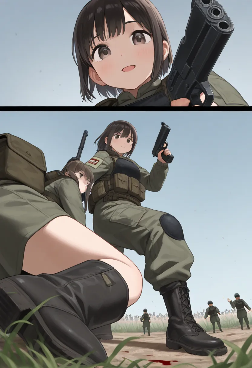 soldiers, (2 panels: 1.2), (3panels: 1.2), (miniature woman BENEATH a tall girl), 2girls, below view, side view, foreshortening, combat, guns, foggy, grass, tiny crowds of people on the ground, blood, boots, (closeup girl reaction face happy: 1.1)