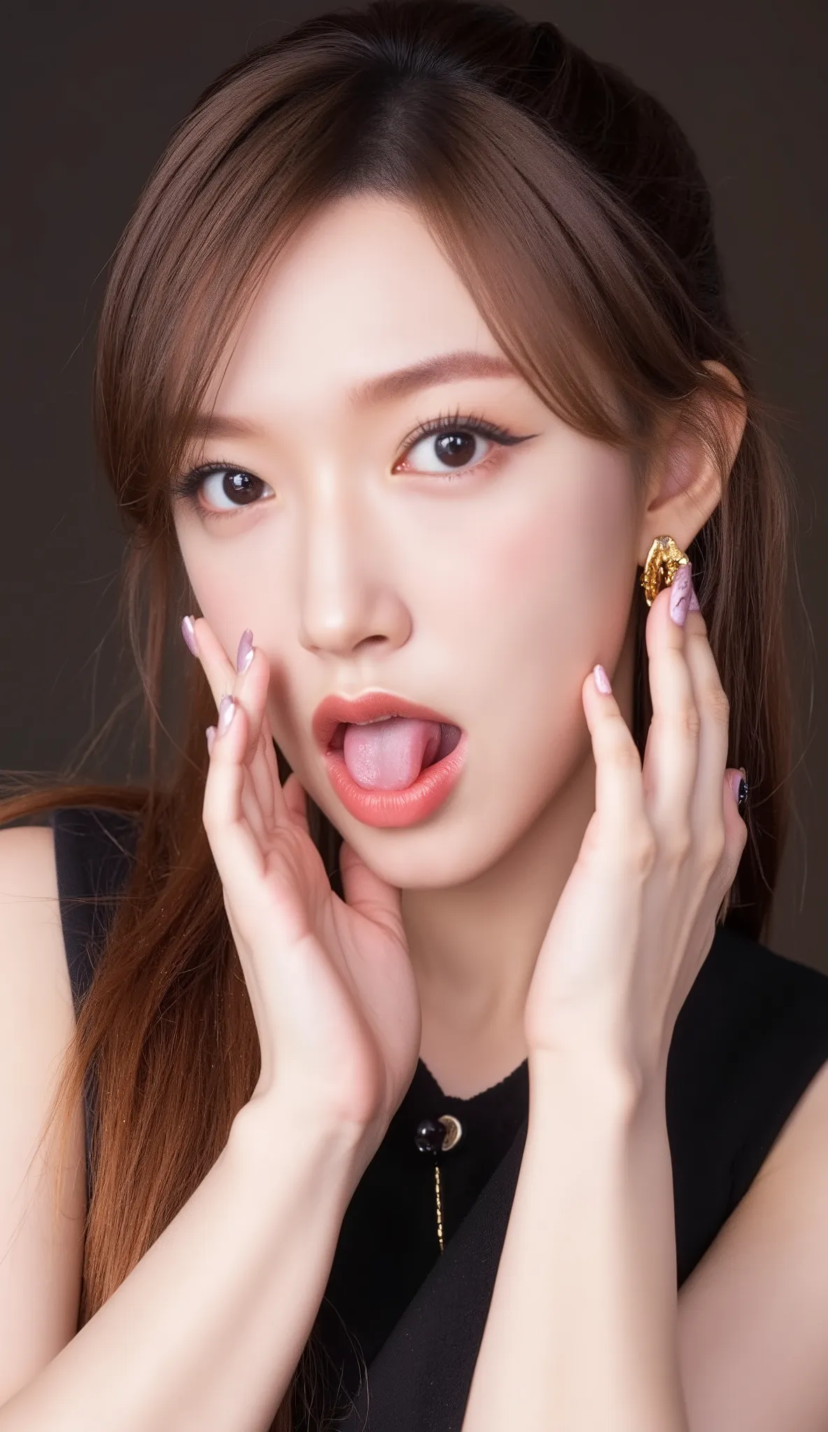 Cheng Xiao with her tongue out and hands on her face, licking tongue, tongue out, large tongue, long tongue, soft lulling tongue, tongue, tongue sticking out, snake tongue, mouth is simple and pleasant, licking out, slimy tongue, fleshy creature above her ...