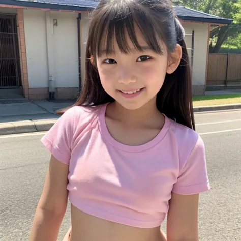   she's smiling 、very small breasts、1 little female elementary school student、Beautiful small nipples、pink t-shirt