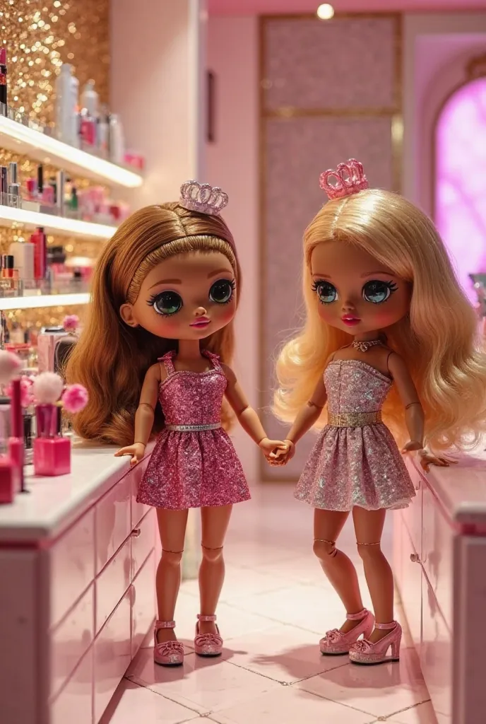 Two glamorous L.O.L. OMG dolls explore a chic cosmetics boutique, where luxurious makeup products and elegant beauty displays catch the eye. The boutique is adorned with pastel-colored walls, shimmering golden accents, and stylish lighting that highlights ...