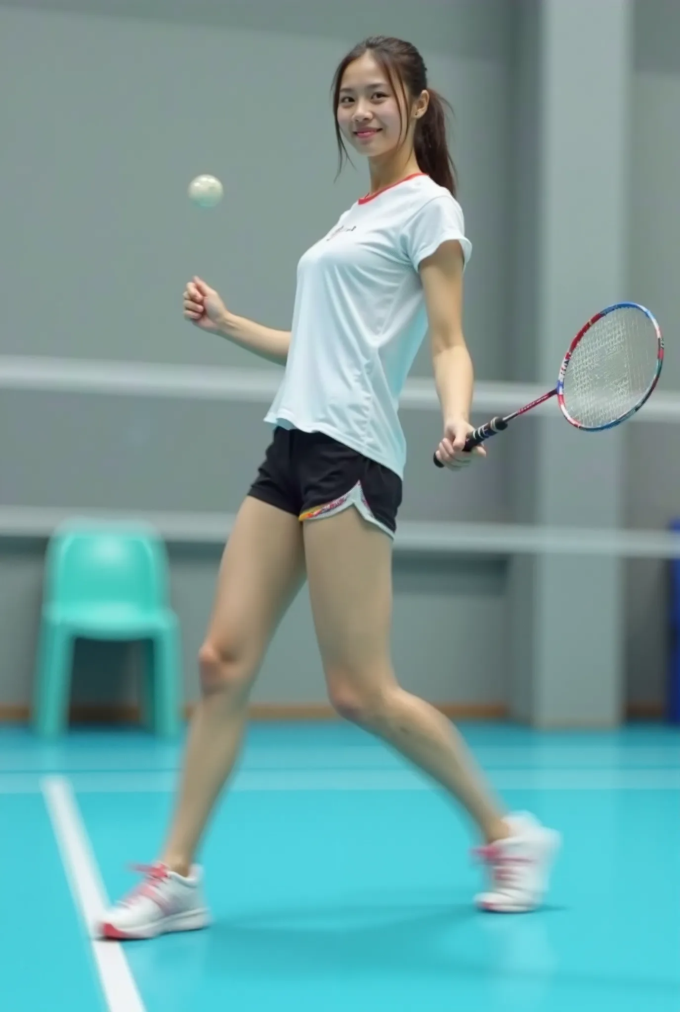 B A D M I M T O N
 Art Magmix Flux
#รูปAiไม่ใช่คนจริง
Prompt : Young woman, Southeast Asian ethnicity, mid-20s, in a white athletic short-sleeved top, and black athletic shorts, poised in a badminton stance. She holds a badminton racket, ready to serve. He...