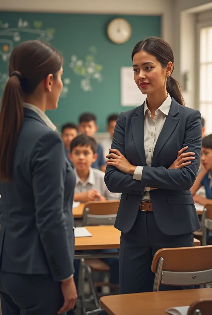 The teacher, smiling slightly, speaks with a calm demeanor to the irate inspector. The students watch the conversation, some exchanging knowing glances.
