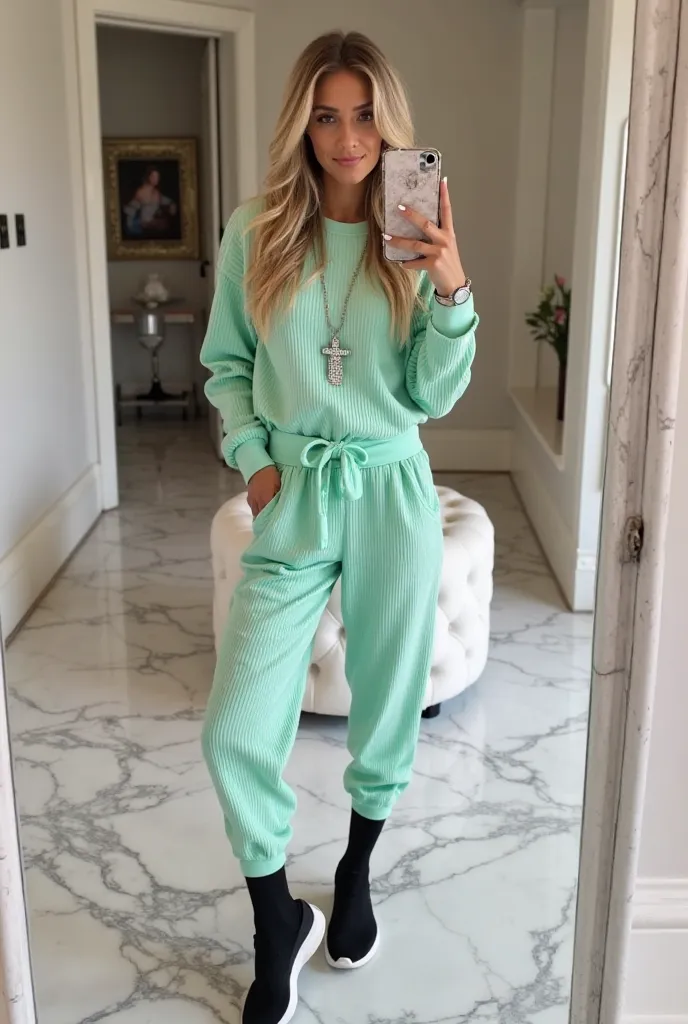 "A high-quality digital image of a stylish woman taking a mirror selfie in a modern, elegant interior. She is wearing a trendy mint green ribbed loungewear set, consisting of a long-sleeve crew-neck top and matching high-waisted joggers with an adjustable ...