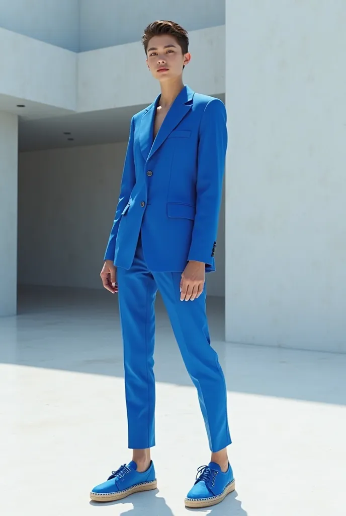 A ager wearing blue espadrilles wearing a full body blue dress suit for men