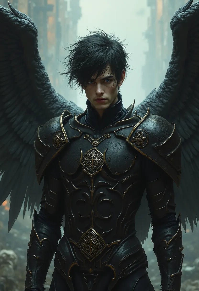 Evil male angel with 4 dark wings,  Dark armor with gold details , short dark hair fallen, Deep black eyes, small star symbol below the left eye.