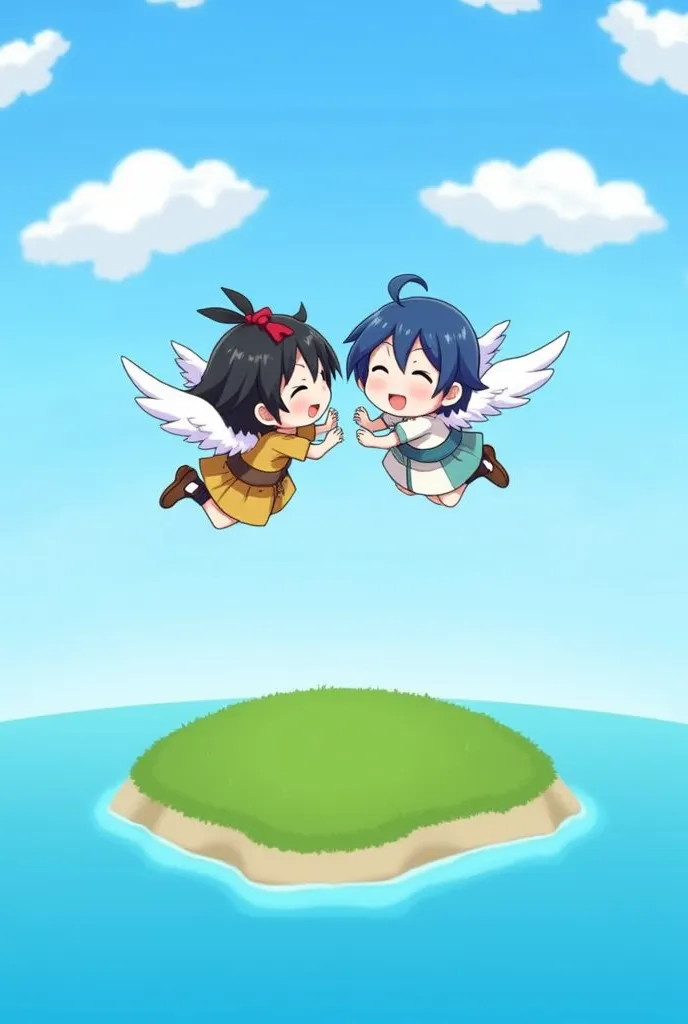 nezha,Two cartoon characters are flying in the sky. A character is a girl with black hair and a red bow. She is wearing a set of brown and yellow clothes. The other character has blue hair and white clothes. They flew over a small island with water and gre...