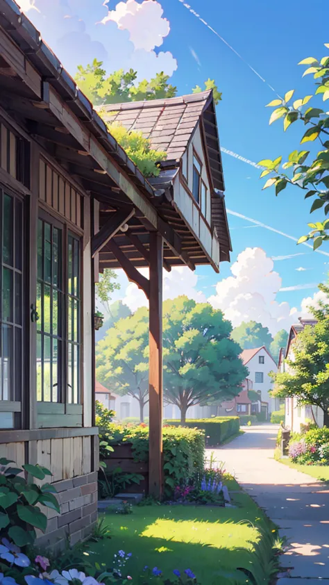 A beautiful and peaceful village landscape with clear weather, a vibrant blue sky, and an inviting, serene atmosphere. The scene is filled with lush greenery, creating a calm and comfortable environment perfect for living. The sunlight bathes the village i...