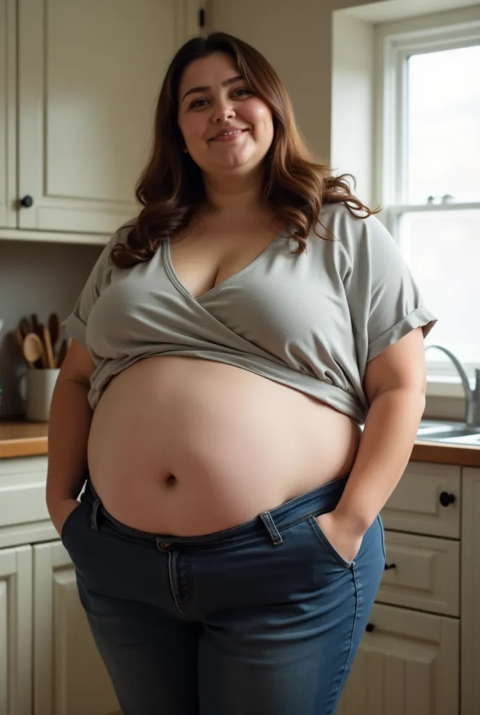 A fat woman is standing in her kitchen. She has a very soft belly, that hangs over the waist of her tight pants. Her waist is also quite wide due to fat. She wears a loose cropped top, and has very thick hips. Due to her weight, her belly is big and soft w...