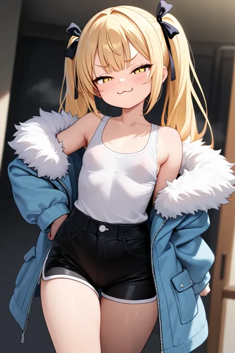 fur trimmed jacket, smug, flat breasts, mesugaki, thick thight, high-waist short pants, tanktop, blonde, yellow eyes, hair ribbons, :3