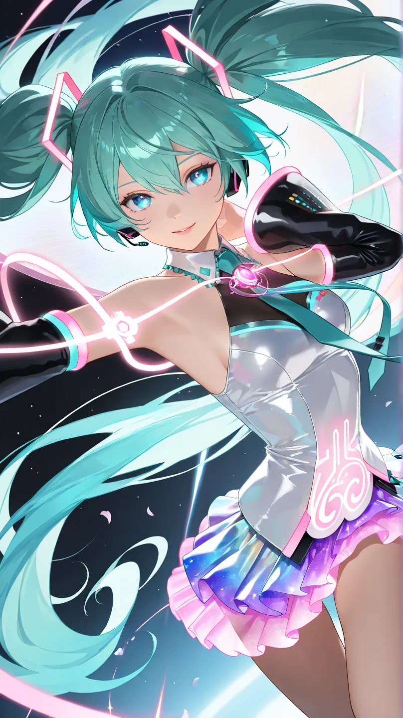 (best quality, highres, masterpiece:1.2), (photo-realistic:1.25)ultra-detailed, 1girl, neon holographic Hatsune Miku cosplay, crystalline teal and green twin ponytails, (intricate synth-wave costume:1.1), translucent layered skirt with glowing jewels, floa...