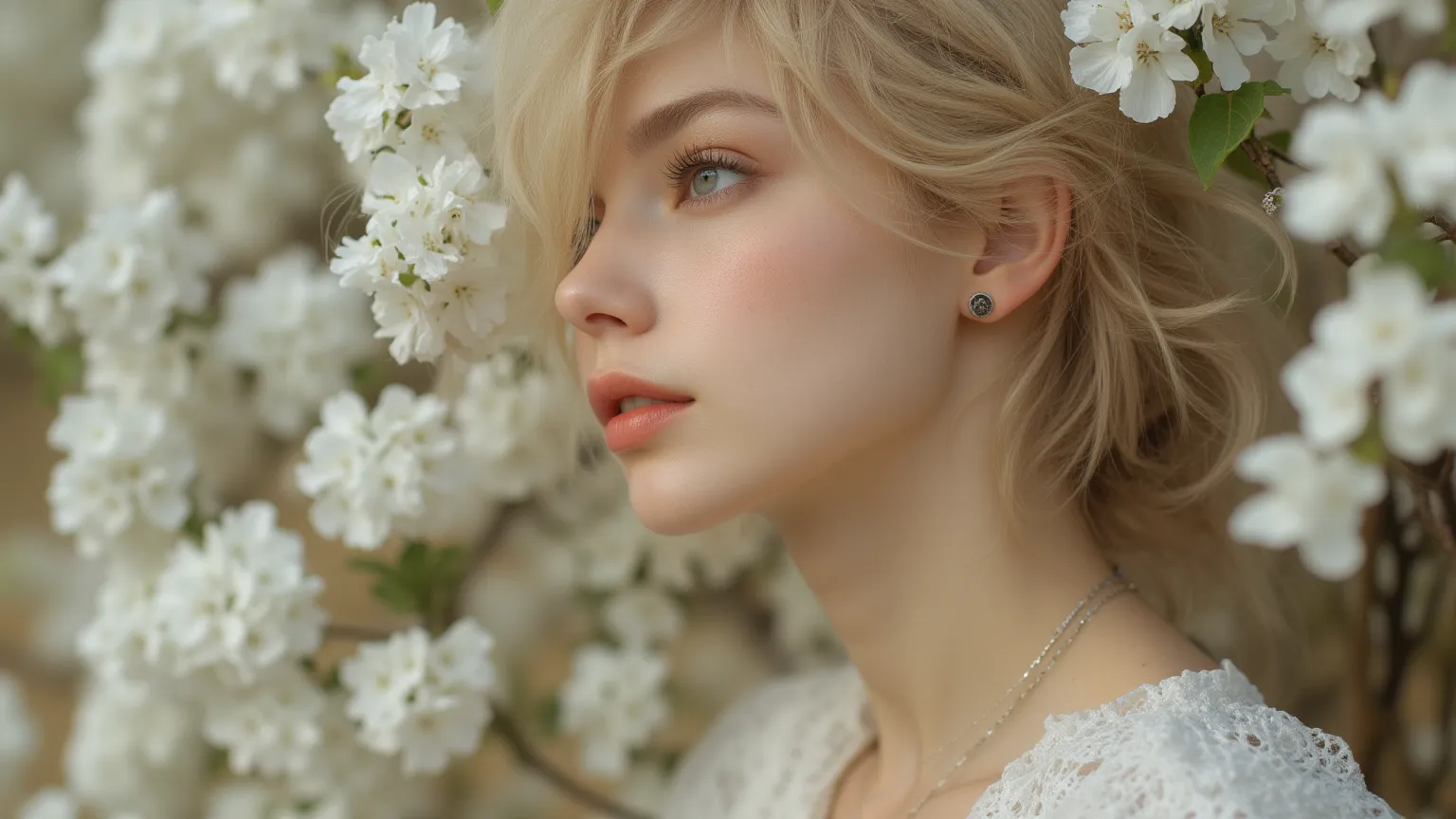 32K, masterpiece,  top quality, ((woman))  blond with a big face,  russian ,  white skin,   rosy cheeks  ,   natural cosmetic,  nude lipstick , necklaces,  earrings,   disheveled hair ,  profile in landscape orientation from,  blurry background.surrounded ...