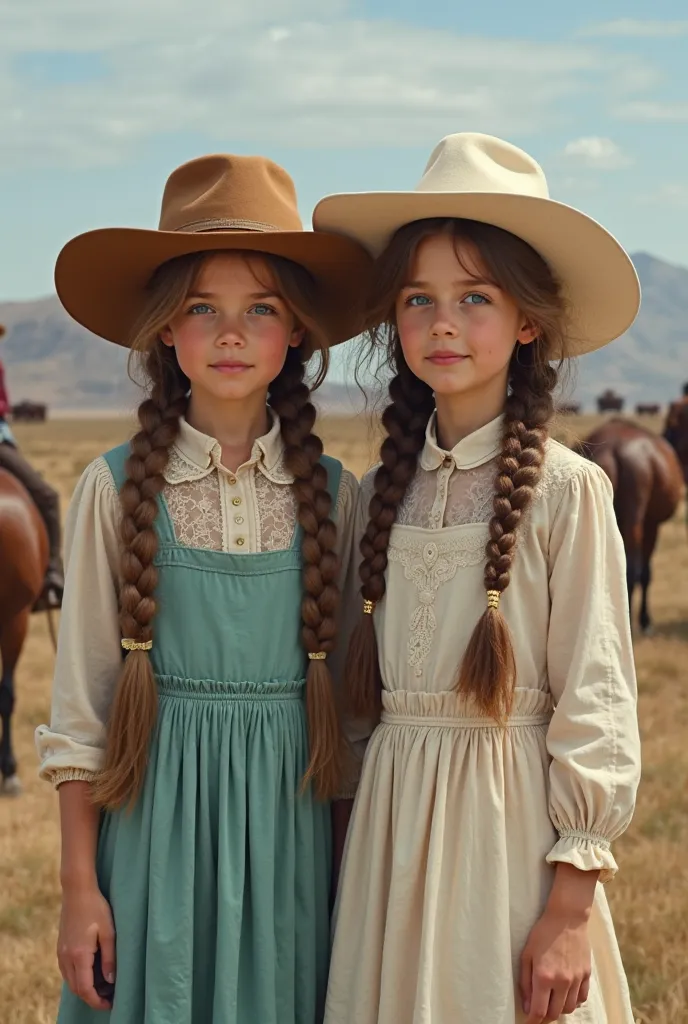 The two younger sisters, their age years, the long brown brother wore a Bailey hat, a seawater green color, beautiful blue eyes, a sweet face, but a mature look. The long brother was braided on two brown sides, wore a white hat, a Newboy shape, a sharp fac...