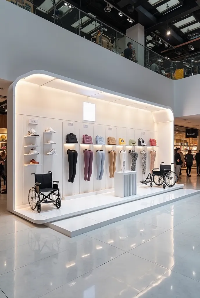 A 2-meter by two-meter white stand for a shopping mall ,Exhibition size stockings canes and wheelchairs