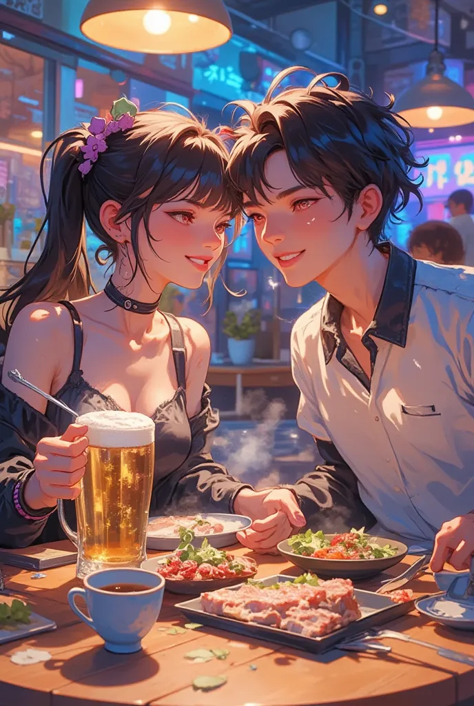 Eat yakiniku face to face、Couple in their 20s 、 looking at each other 、Fun、Beer Mugs、 bright、Japan、laughs、Eat yakiniku with chopsticks、I can see the state of the store