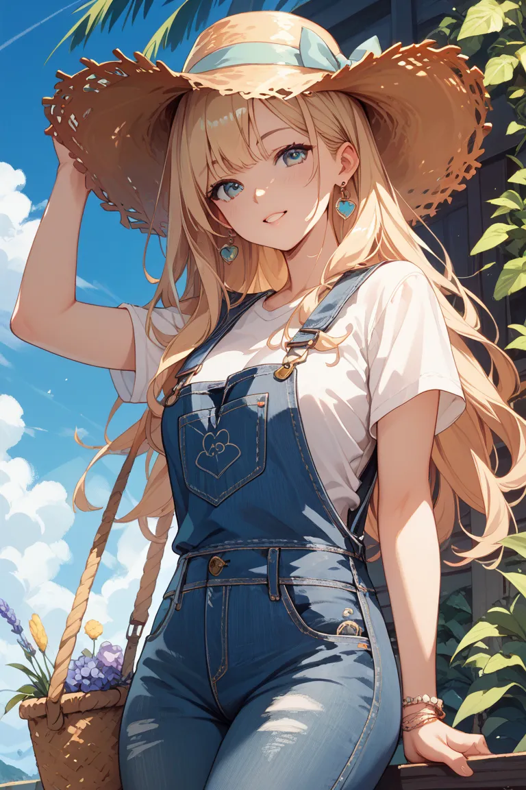 Large ranch in the background、wearing a straw hat、long haired girl with blond hair、The clothes coming are denim overalls