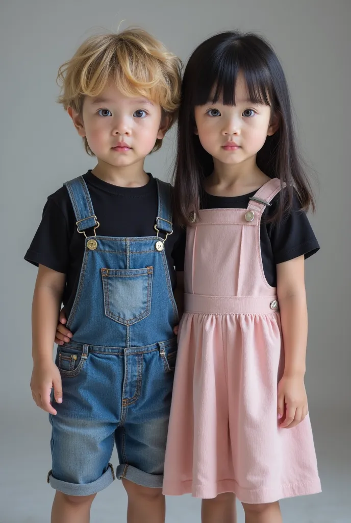 Realistic photography art, extremely realistic photo of twin siblings. A young boy, he has blond hair, messy slightly wavy hair, dark eyes eyes, asian eye shape, fair skin, round face. Wearing blue overall shorts and black shirt. next to him is a young gir...