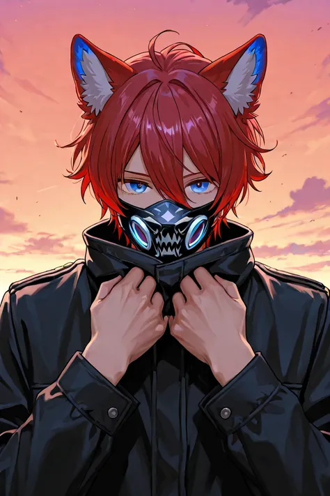 A boy wearing a mask and lead-colored wolf ears with red hair sky blue eyes clothes black jacket hands in front, plano medio,  from the front