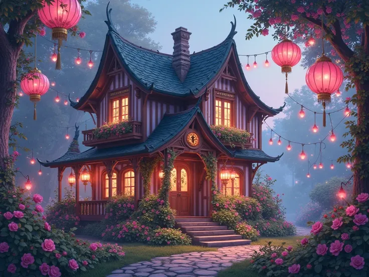 Create an image of a house called Dibs Garden 、Mr.々 surrounded by 、pink glowing lantern、