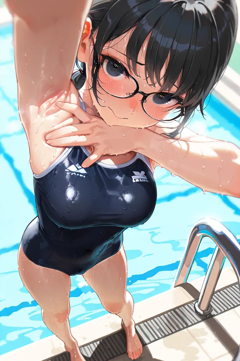 masterpiece, 8k, poolside, no shoes, bare feet, ponytail, black hair, sweat stains, Wet high school swimware, glasses, (standing:1.5), 1girl, spread armpit, sweaty armpits, thin chests, medium breasts, close-up face, Dynamism, unrealistic beauty, enchantin...