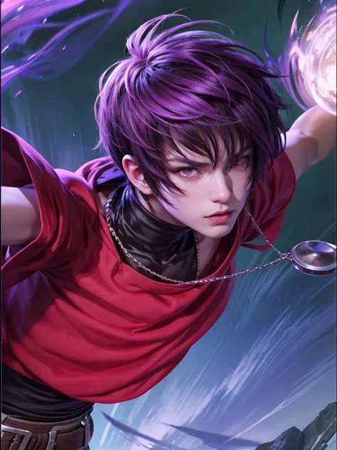 a close up of a person with a purple hair and a red shirt, digital art by Ren Renfa, trending on deviantart, digital art, range murata and artgerm, handsome guy in demon slayer art, epic anime style, sakimi, extremely detailed artgerm, handsome japanese de...