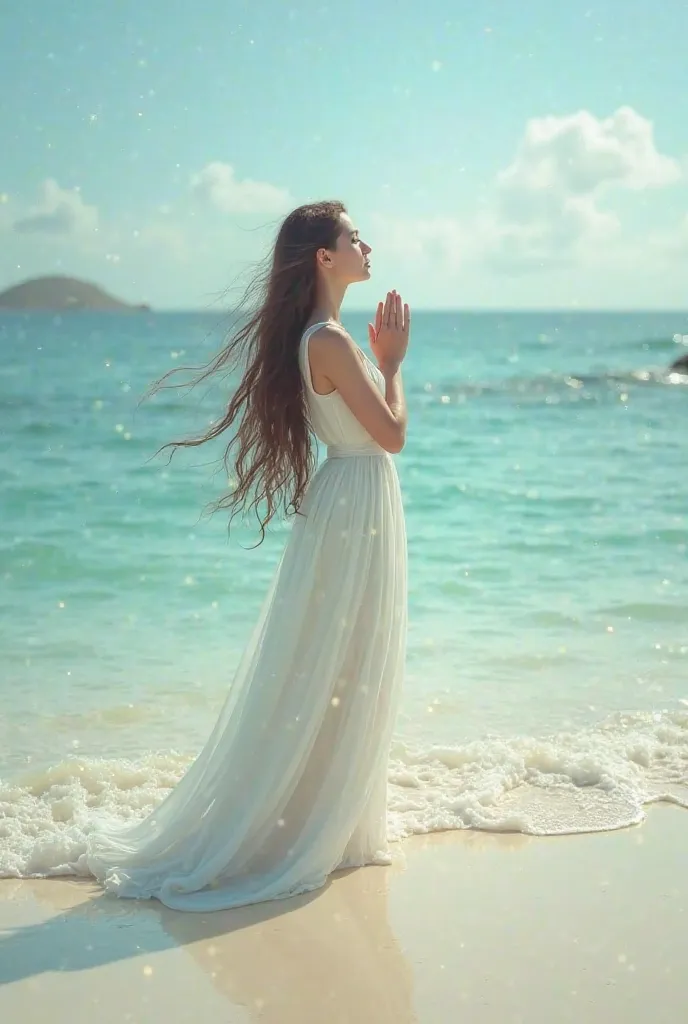 A woman praying to God wearing long long hair on a crystal clear beach