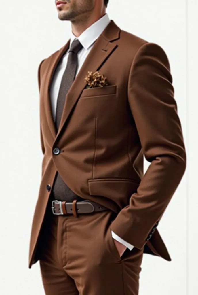 Simple brown formal suit with leather belt on waist on modi and white background