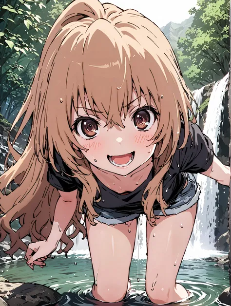 score_9, score_8_up, score_7_up, source_anime,
Taigaisaka, Aisaka Taiga, long hair, brown hair, brown eyes,ponytail,smile,open your mouth,plain black t-shirt,belly button sticking,Tie the hem of the shirt,denim micro shorts,Bare legs,wet skin,wet hair, we...