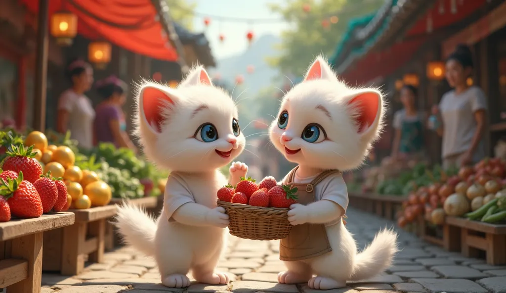 A highly detailed, ultra-realistic 4K digital painting of an anthropomorphic white kitten joyfully purchasing fresh strawberries from a kindhearted market vendor in a bustling Asian vegetable market. The kitten, designed to match the reference image precis...