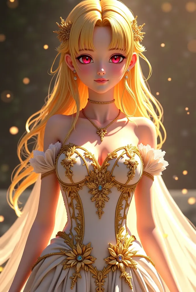 Blonde red-eyed anime woman, 33, wearing a medieval golden white wedding dress