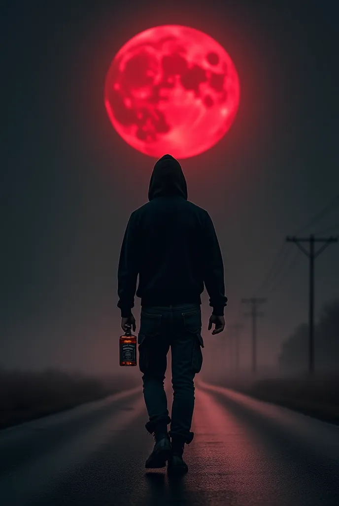 A man dressed in black cargo pants and boots under a black hoodie sweet walks backwards towards the red full moon standing far away in the black night sky There is a sign on the road The sign task is successfully completed it will write in English Jack Dan...