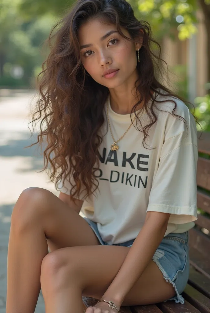 Beautiful 30 year old Indonesian brunette with long hair soft and warm curls, circular ring, brown eyes,  Perfectly Symmetrical Eyes , pendant necklace , bracelet , t-shirt that says  "ANAKE SOLIKIN " wear a miniskirt and white sneakers , sit on the bench