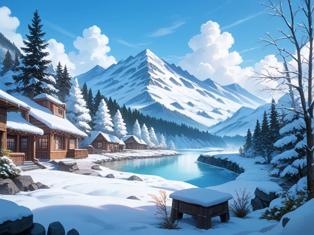 A winter landscape of a mountainous region, showcasing a river winding through a valley with a town nestled in the slopes.  Numerous wooden houses, adorned with snow, are clustered along the riverbanks and cascading waterfalls.  A natural hot spring pool, ...