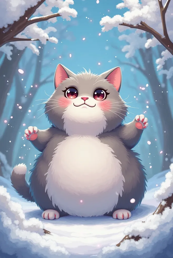 A fatter and more magical cat, 2D anime version, Make it look like out of the snow