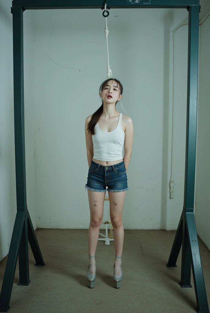 8K live photography, pretty slim Chinese young female executed by hanging, recorded facing camera, hanged below a gallows, white nylon noose rope wraps around neck, linking to the ceiling, both hands tied behind body, mouth opens to breath with difficulty,...