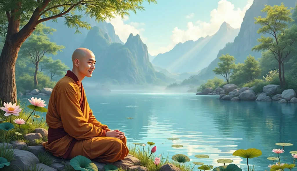 A Chinese Buddhist young man with bald head and a clean-shaven face sits peacefully by a beautiful lake in the heart of a serene forest. Dressed in traditional saffron and brown robes, he sits in a relaxed posture, gazing at the shimmering water with a cal...