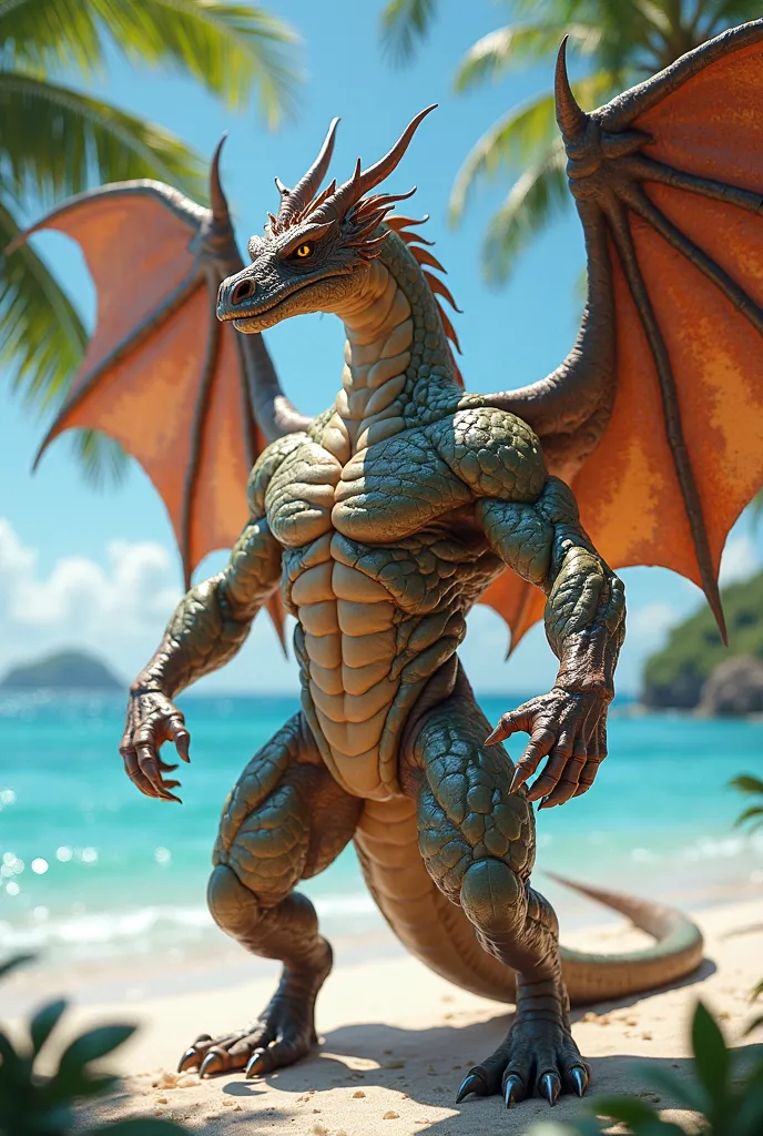 Create an image of a very muscular anthropomorphic dragon with dragon wings posing showing off muscles on a beach