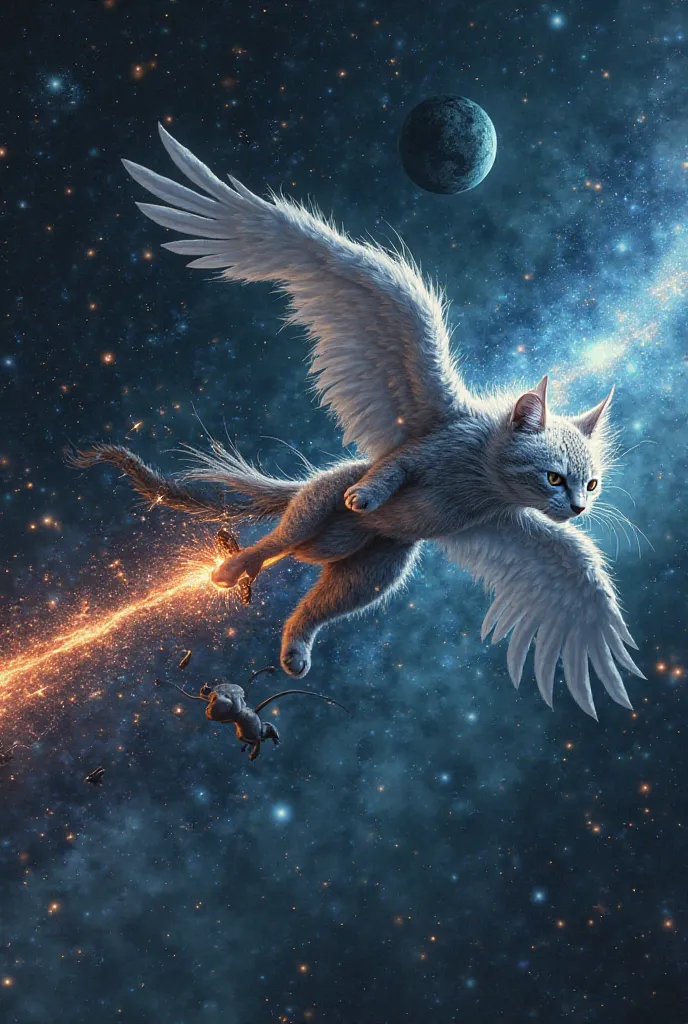 a flying cat fighting to a ninja rat in outerspace
