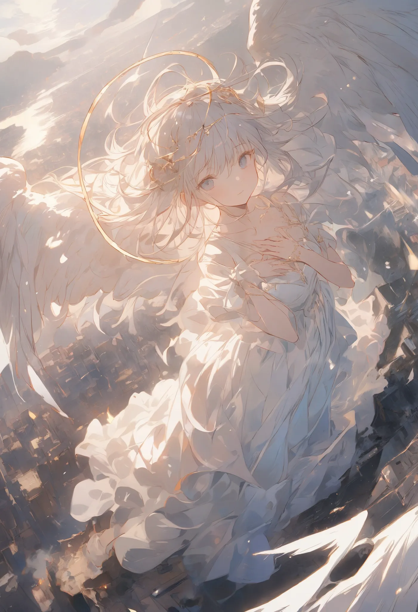 
a (Rear View:1.5) A very beautiful female angel\(long white hair,  white dress with wide back ,(Big and beautiful angel wings extend from my chest),Very beautiful halo\), She's spreading her arms 、 Gently Expanding as if Seeking Salvation , 彼女は雲のfrom abov...