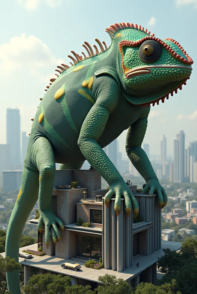 Give me an 8-step transformation of a chameleon into a building
