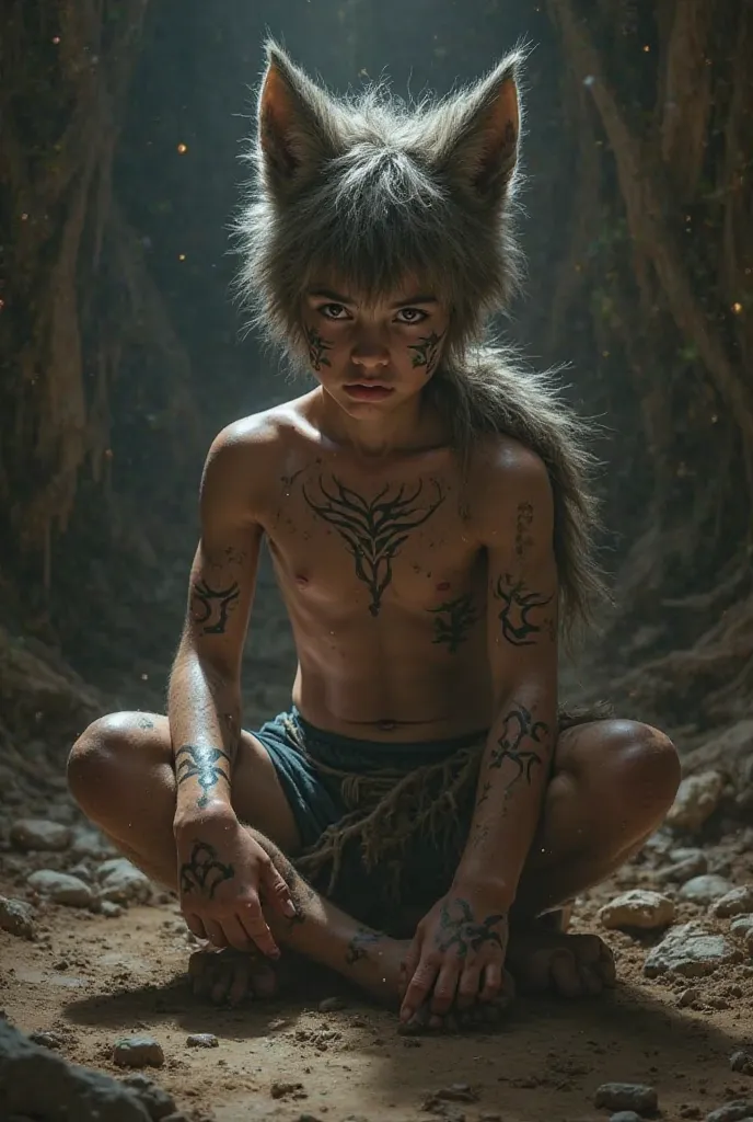 Werewolf boy in boxer shorts sitting down to have his balls marked 