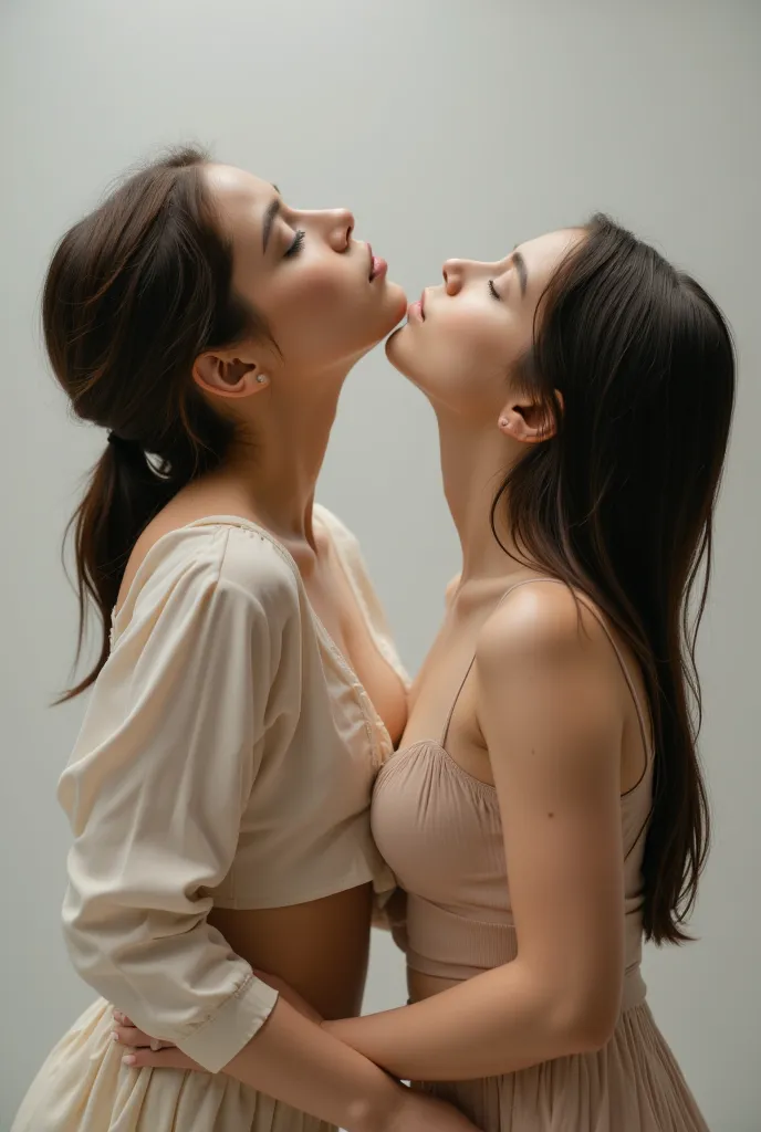 The two women are pressed so closely together that their backs seem to merge into one, creating the impression of a single intertwined form. Their bodies are perfectly aligned, with the brunette positioned directly behind the blonde, their profiles forming...