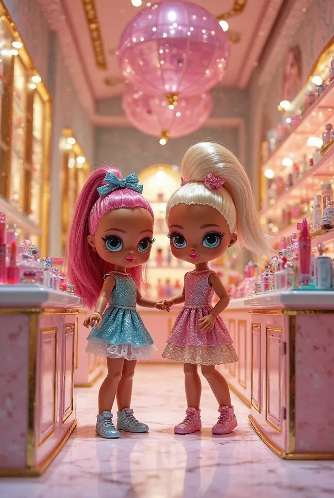 Two glamorous L.O.L. OMG dolls explore a chic cosmetics boutique, where luxurious makeup products and elegant beauty displays catch the eye. The boutique is adorned with pastel-colored walls, shimmering golden accents, and stylish lighting that highlights ...